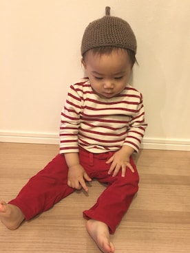 「手作り(購入品)のアイテム（ニットキャップ/ビーニー、ブラウン系）」を使った、エイティーさん（キッズ・90cm）の春コーディネート