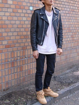 「AIR FORCE 1」｜「アイテム（ライダースジャケット）」を使った、Ryohei Sasakiさん（メンズ・180cm）の冬コーディネート