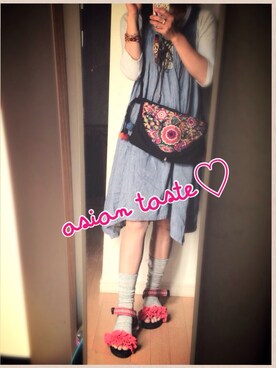 「フェリシモ はまじとコラボサンダル（Sandals、レッド系）」を使った、kiryさん（レディース・151cm）の春コーディネート