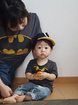 「abcd（ナシ）のアイテム（キャップ）」を使った、mii🐥さん（キッズ・70cm）の夏コーディネート