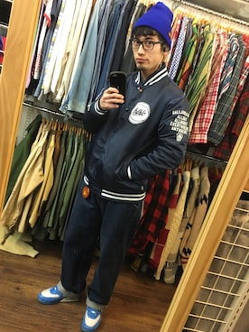 「ニットキャップ」｜「アイテム（スタジャン）」を使った、INAさん（メンズ・173cm）の冬コーディネート