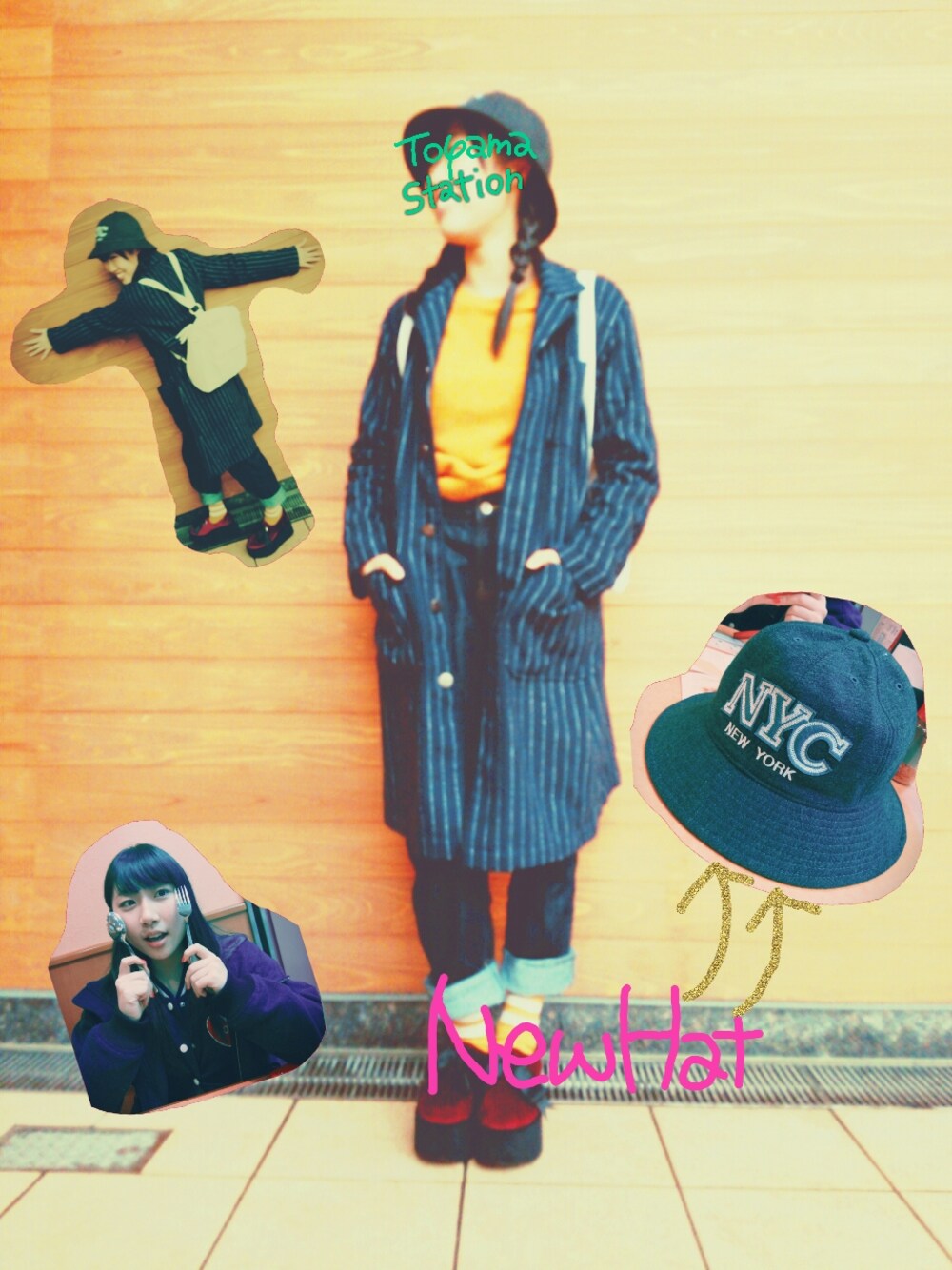 レッド系のその他シューズ、ブラック系のデニムパンツ、ブラック系のチェスターコートを着用したレディースの冬コーディネートの1枚目の写真