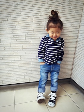 「ボーダーTシャツ」｜rinoさん（キッズ・90cm）の春コーディネート