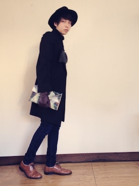 「Yohji Yamamoto（ヨウジヤマモト）のアイテム（チェスターコート）」を使った、あじぽんさん（メンズ・174cm）の冬コーディネート