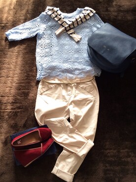 「DOUBLE NAME（ダブルネーム）のアイテム（その他パンツ、ホワイト系）」を使った、moqueさん（レディース・161cm）の春コーディネート