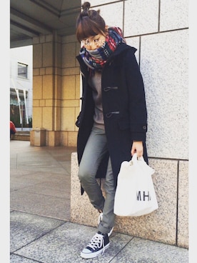 「HYKE」｜「アイテム（ダッフルコート）」を使った、m。さん（レディース・162cm）の冬コーディネート