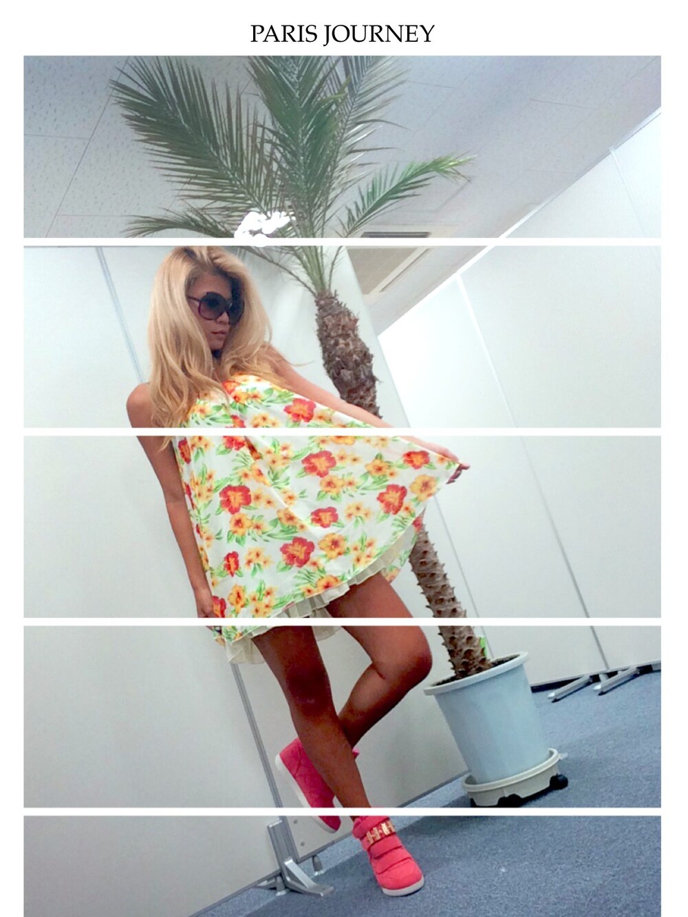 「夏、金髪、トロピカル柄、ハイビスカス柄」｜「Julia Boutiqueのハイビスカス柄ロンパース♡（ワンピース、ブルー系）」を使った、JULIA BOUTIQUE　PRESSさん（レディース・156cm）の夏コーディネートの1枚目の写真