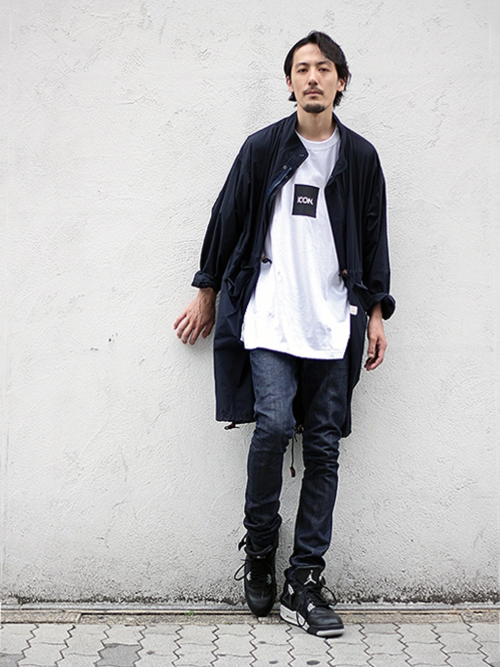 「name.、iCON.、HYKE、NIKE、スキニーデニム、エアジョーダン、ボックスロゴ、シンプルコーデ、ビックT、スポーツミックス」｜「Name.のNYLON WEATHER M-51（モッズコート、ブルー系）」を使った、DaisukeWakamoriさん（メンズ・181cm）の夏コーディネートの1枚目の写真