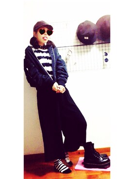 「真っ黒コーデ」｜「アイテム（ブルゾン）」を使った、ハルさん（レディース・155cm）の秋コーディネート