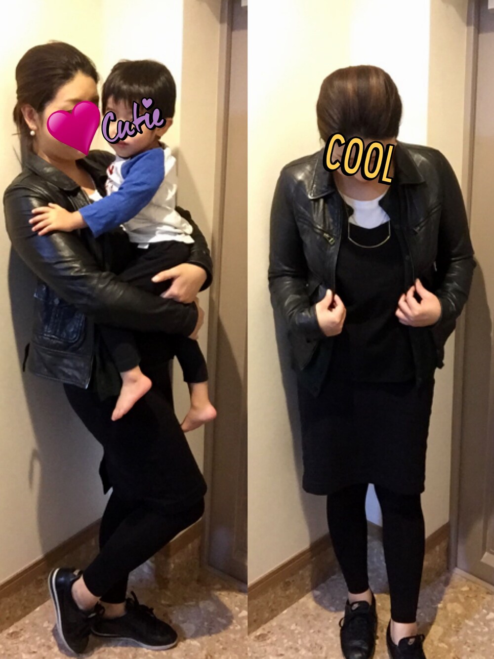 その他のTシャツ/カットソー、ブラック系のライダースジャケット、ブラック系のキャミソールを着用したレディースの冬コーディネートの1枚目の写真