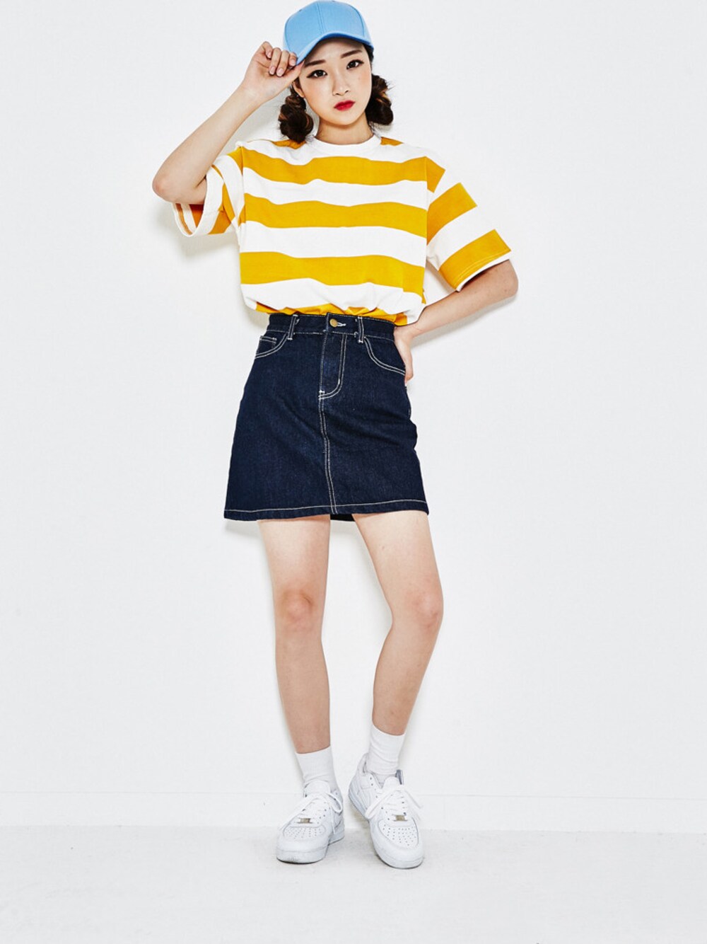 「 Tシャツ、 キャップ、 ボーダー、 シンプルコーデ、 夏、ラクチンコーデ、 カジュアルコーデ、 韓国ファッション、 ゆるコーデ、oldmickey」｜「OLDMICKEY のベーシックキャップ帽子（キャップ、ブルー系）」を使った、oldmickey_jpさん（レディース・162cm）の夏コーディネートの1枚目の写真