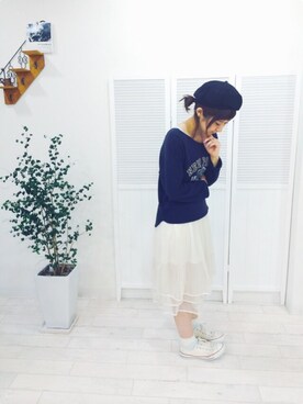 「オーガンジー」｜「アイテム（ハンチング/ベレー帽）」を使った、いく♡さん（レディース・153cm）の春コーディネート
