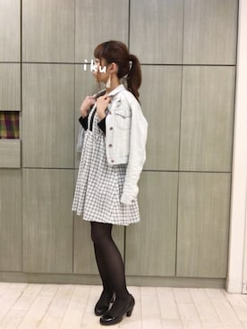 「チェックワンピース」｜「アイテム（デニムジャケット）」を使った、いく♡さん（レディース・153cm）の冬コーディネート