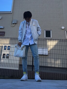 「アイテム（ナイロンジャケット、ホワイト系）」を使った、SHINさん（メンズ・168cm）の冬コーディネート