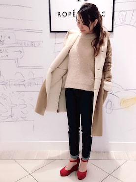 「ROPE' PICNIC（ロペピクニック）のアイテム（ムートンコート）」を使った、能美友貴さん（レディース・154cm）の冬コーディネート