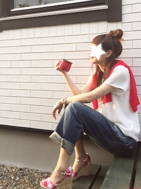 「ハーフアップ」｜「アイテム（食器/キッチン）」を使った、ワンダーねこビールさん（レディース・162cm）の夏コーディネート