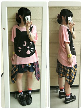 「Ne-net（ネネット）のS (P)メンズ チェックドット（シャツ/ブラウス）」を使った、しぃｏさん（レディース・159cm）の夏コーディネート