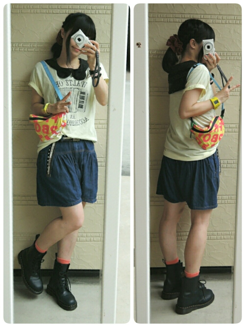 「ライブ、ライブTシャツ、バンドT、Goodbye holiday、サルエルパンツ、サルエリスト、ゆるコーデ、ゆる部隊、ラフ、ラブ＆ピース2016」｜「Goodbye holidayのアイテム（Tシャツ/カットソー、イエロー系）」を使った、しぃｏさん（レディース・159cm）の秋コーディネートの1枚目の写真