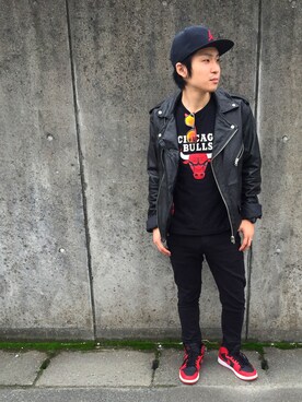 「エアジョーダン」｜「アイテム（ライダースジャケット）」を使った、たつきんぐさん（メンズ・165cm）の秋コーディネート