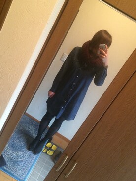 「GU（ジーユー）のアイテム（シャツワンピース、ブルー系）」を使った、ふうさん（レディース・170cm）の冬コーディネート