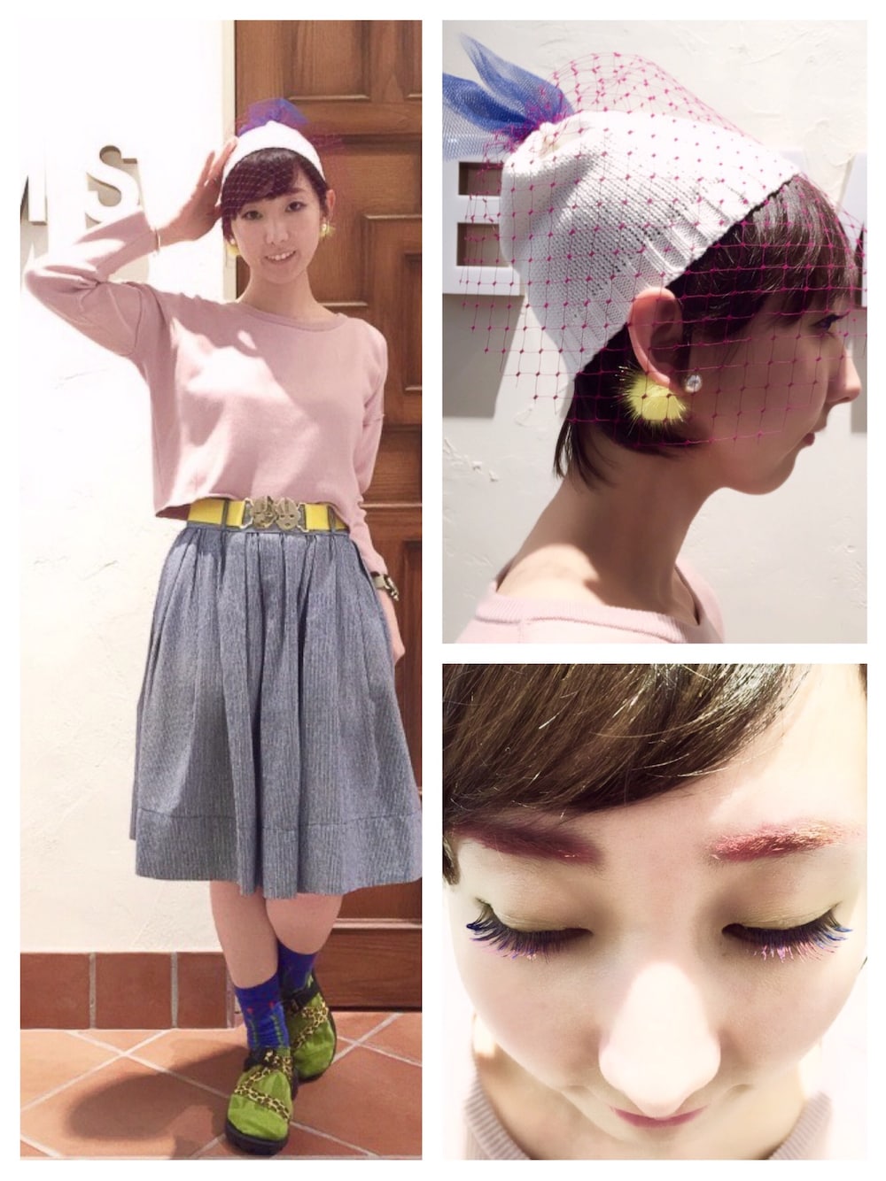 ピンク系のその他トップス、その他のサンダル、ベージュ系のニットキャップ/ビーニーを着用したレディースの春コーディネートの1枚目の写真