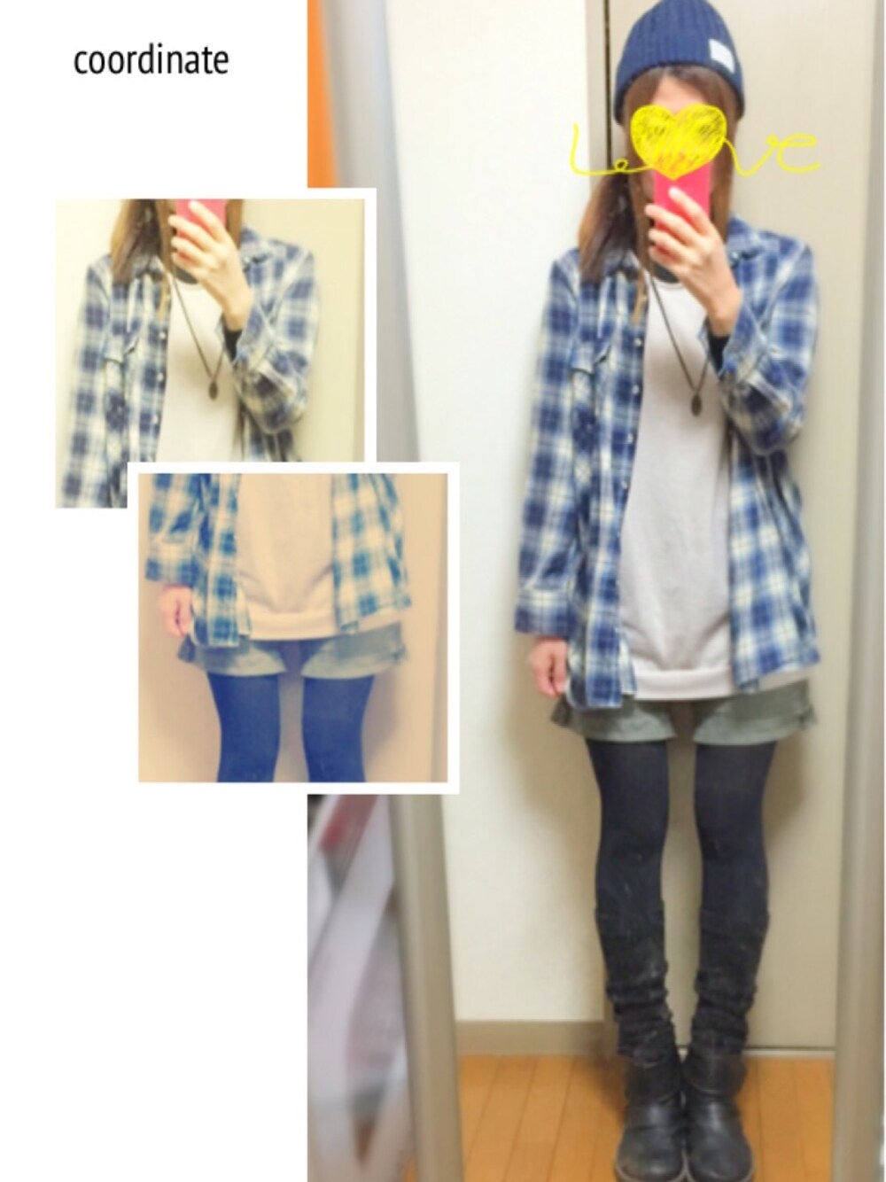 「チエックシャツ、ショートパンツ、レッグウォーマー」｜「しまむらのニット帽（ニットキャップ/ビーニー、ブルー系）」を使った、ちんすけさん（レディース・157cm）の冬コーディネートの1枚目の写真