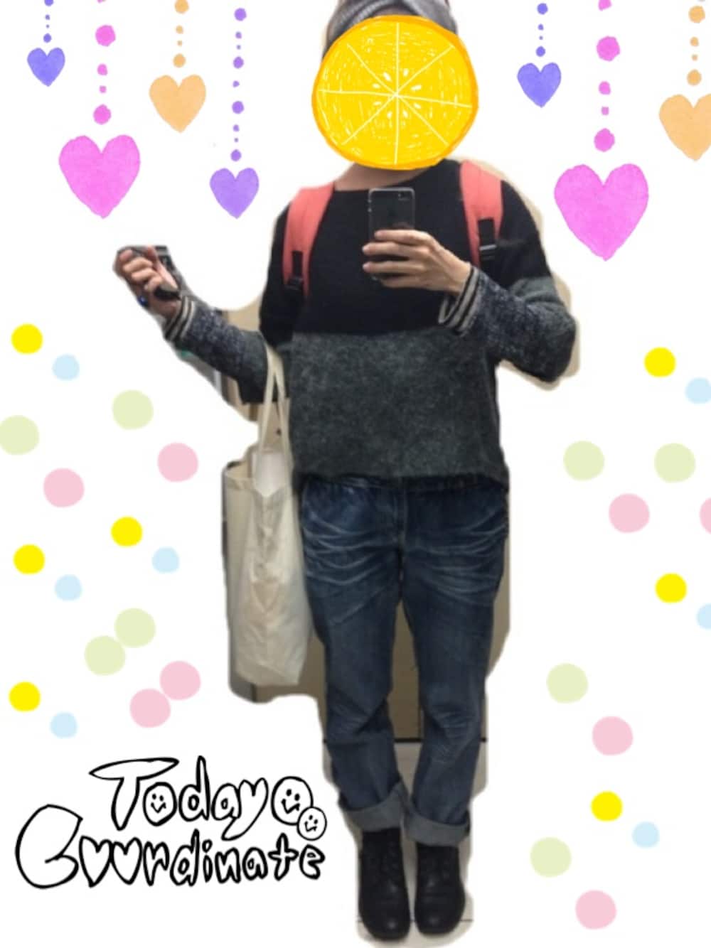 「ボーイフレンドデニム、リュックサック、ニット」｜「CIAOPANICの【I HAVE LOVE】  ハートDAYPACK（バックパック/リュック、ピンク系）」を使った、はろさん（レディース・158cm）の秋コーディネートの1枚目の写真