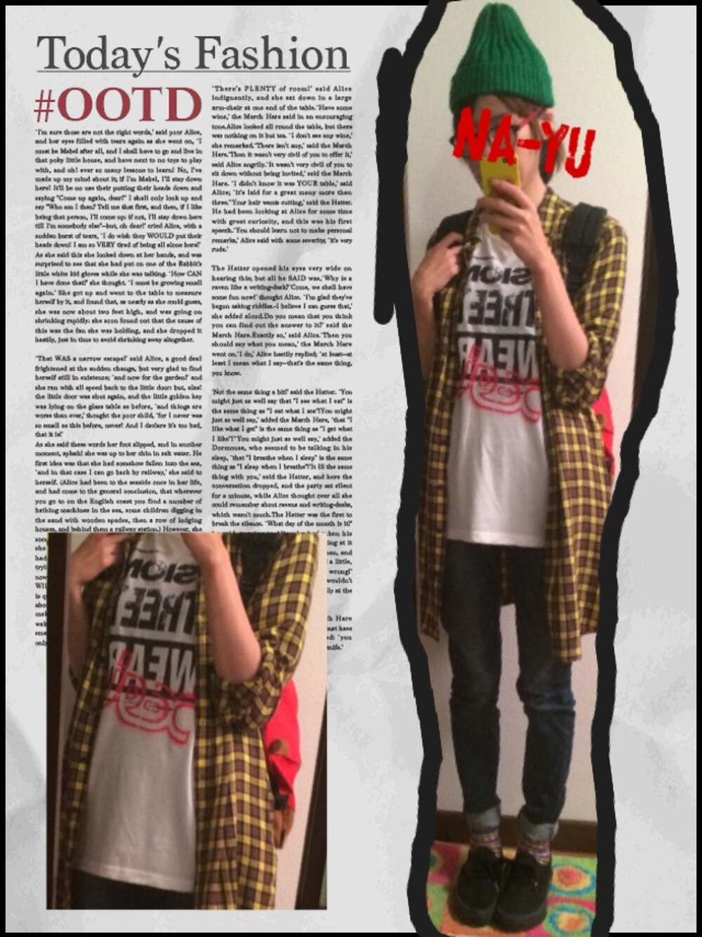 「チェックシャツ、x-girl、UNIQLO、スニーカー」｜「X-girlのアイテム（Tシャツ/カットソー、ホワイト系）」を使った、na-yuさん（レディース・160cm）の秋コーディネートの1枚目の写真