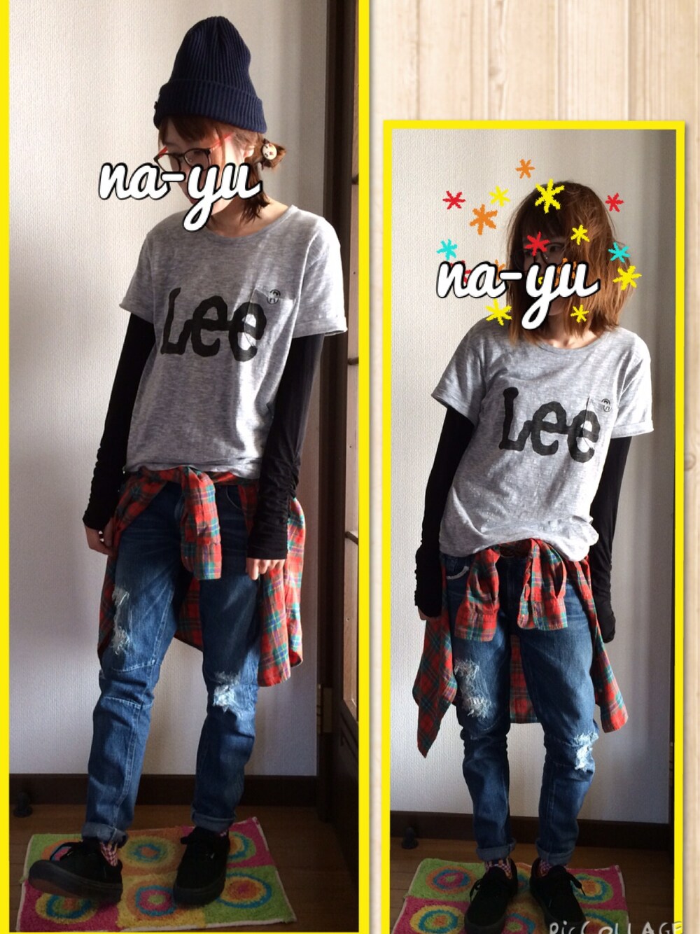 「デニム、Ungrid、スニーカー、チェックシャツ」｜「CIAOPANIC TYPYのアイテム（Tシャツ/カットソー、グレー系）」を使った、na-yuさん（レディース・160cm）の秋コーディネートの1枚目の写真