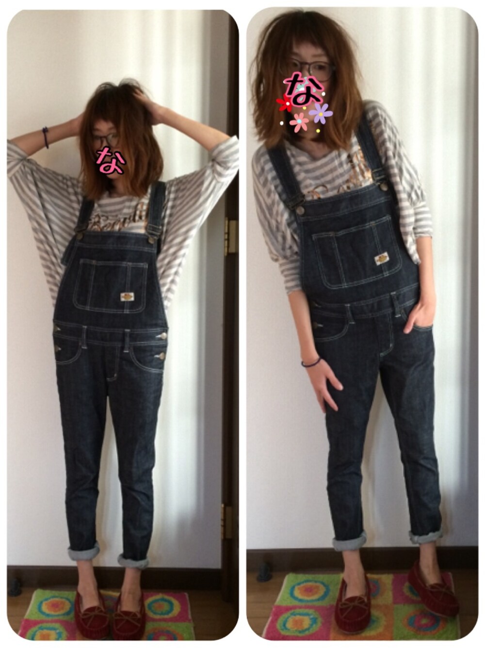 「ミネトンカ、サロペット」｜「MinnetonkaのCALLY SLIPPER　（841637）（モカシン/デッキシューズ、ベージュ系）」を使った、na-yuさん（レディース・160cm）の秋コーディネートの1枚目の写真