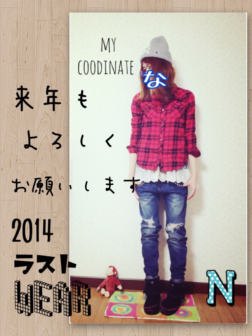 「チェックシャツ、2014年、ラストWEAR、ミネトンカ」｜「MILKFED.のアイテム（シャツ/ブラウス、レッド系）」を使った、na-yuさん（レディース・160cm）の冬コーディネートの1枚目の写真