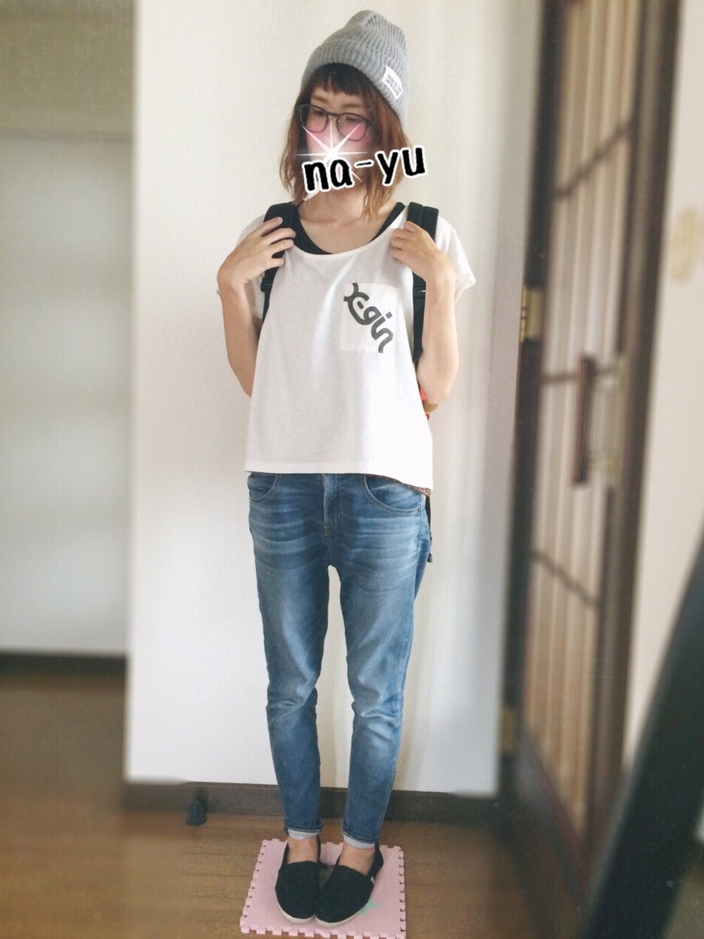 「白Tシャツ、デニム、夏、梅雨」｜「X-girlのアイテム（Tシャツ/カットソー、ホワイト系）」を使った、na-yuさん（レディース・160cm）の夏コーディネートの1枚目の写真