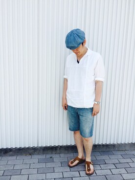 「膝上ショーツ」｜「アイテム（キャスケット）」を使った、ぺっちさん（メンズ・173cm）の夏コーディネート
