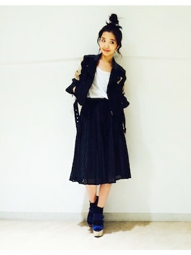 「ひざ丈スカート」｜「アイテム（ライダースジャケット）」を使った、okaさん（レディース・165cm）の秋コーディネート
