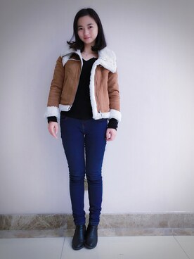 「JEANASIS（ジーナシス）のDENIMシルキースキニーパンツ/715842 （デニムパンツ）」を使った、Ginaさん（レディース・158cm）の冬コーディネート