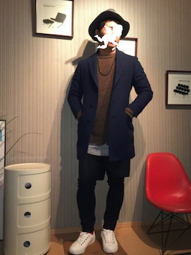 「TRANS CONTINENTS（トランスコンチネンツ）のアイテム（チェスターコート）」を使った、KATooooNさん（メンズ・173cm）の冬コーディネート