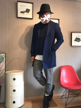 「TRANS CONTINENTS（トランスコンチネンツ）のアイテム（チェスターコート）」を使った、KATooooNさん（メンズ・173cm）の春コーディネート