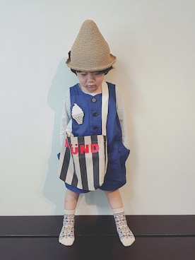 「nunuforme（ヌヌ）のアイテム（サロペット/オーバーオール、ブルー系）」を使った、iorinrinさん（キッズ）の夏コーディネート