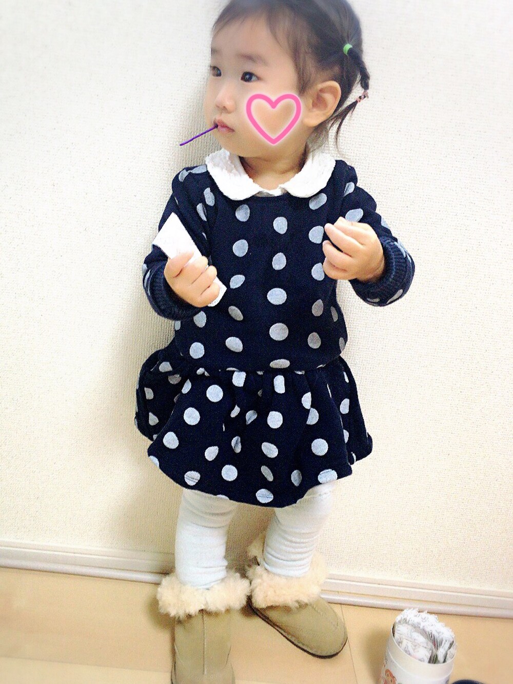 「ワンピース、ドット柄、１歳８ヶ月、女の子、プチバトー」｜「TOCCA BAMBINIのアイテム（レッグウォーマー、ブルー系）」を使った、Kiichan👸🏼さん（キッズ・80cm）の冬コーディネートの1枚目の写真