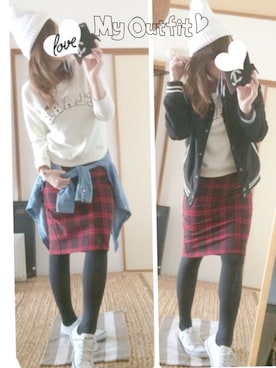 「スウェット×シャツ」｜「アイテム（スタジャン）」を使った、♥︎ 𝕃𝕆𝕍𝔼 ♥︎さん（レディース・163cm）の冬コーディネート