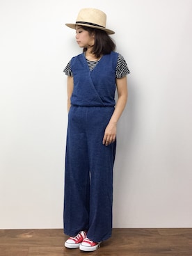 「koe（コエ）のアイテム（つなぎ/オールインワン）」を使った、ゆか☺︎さん（レディース・154cm）の夏コーディネート