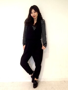 「ボーダーニット」｜「アイテム（つなぎ/オールインワン）」を使った、ＭＩＣＨＩＲＵさん（レディース・162cm）の冬コーディネート