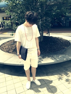 「THE SHOP TK （ザ ショップ ティーケー ）のミックスニットプルオーバー（Knitwear、ホワイト系）」を使った、パリ☆彡さん（メンズ・171cm）の夏コーディネート