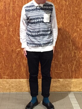 「THE SHOP TK （ザ ショップ ティーケー ）のフェアアイルドッキングシャツ（Shirts、ホワイト系）」を使った、パリ☆彡さん（メンズ・171cm）の秋コーディネート