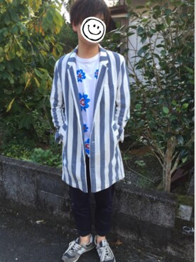 「THE SHOP TK （ザ ショップ ティーケー ）のチェスターコート風ストライプブルゾン（Overcoat、ブルー系）」を使った、パリ☆彡さん（メンズ・171cm）の秋コーディネート