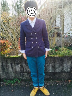 「古着のアイテム（Tailored jacket、ブルー系）」を使った、パリ☆彡さん（メンズ・171cm）の秋コーディネート