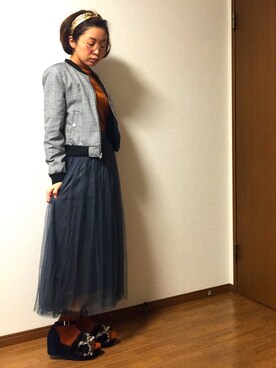 「ヘアバンド」｜「アイテム（MA-1）」を使った、みっくすさん（レディース・162cm）の秋コーディネート