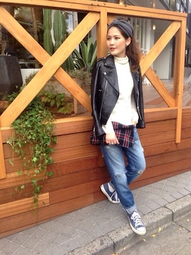 「TODAYFUL（トゥデイフル）のアイテム（ライダースジャケット）」を使った、MOMOKO KOIKEさん（レディース・158cm）の冬コーディネート