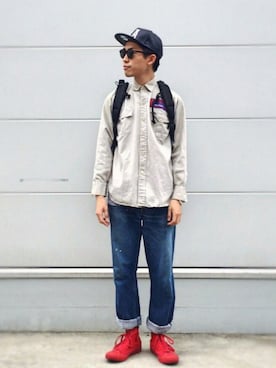 「H&M（エイチ・アンド・エム）のアイテム（キャップ）」を使った、macky☺︎さん（メンズ・172cm）の春コーディネート