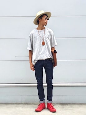 「SEVENDAYS=SUNDAY（セブンデイズサンデイ）のアイテム（帽子）」を使った、macky☺︎さん（メンズ・172cm）の夏コーディネート